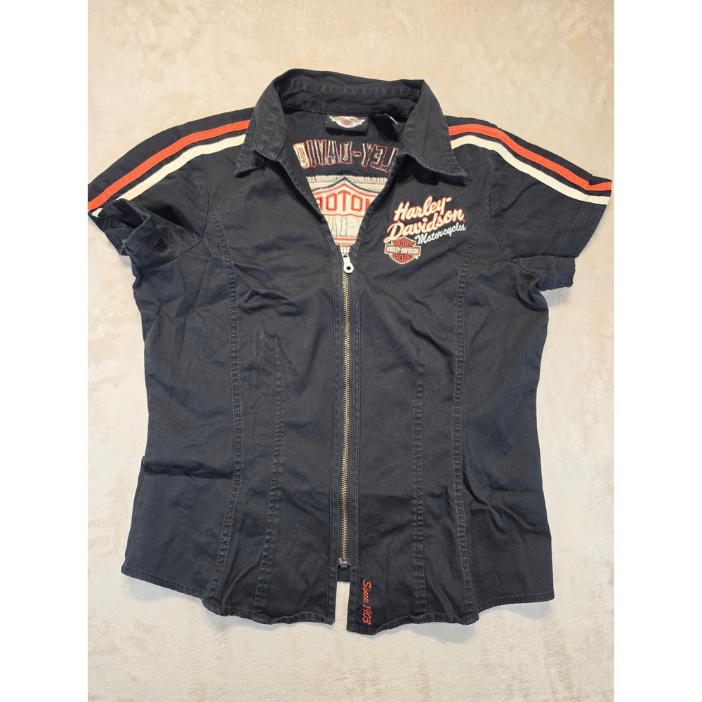 Harley-Davidson Womens Black Zip Up Short Sleeve Shirt Logo Racing Stripes M
